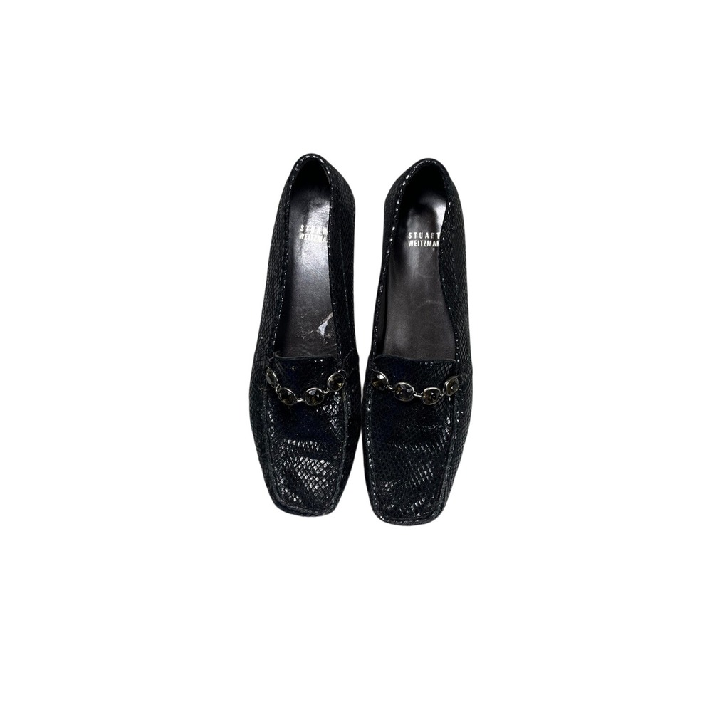 Stuart Weitzman Black Embossed Snake Print Loafers Jeweled‎ Chain Size 7
